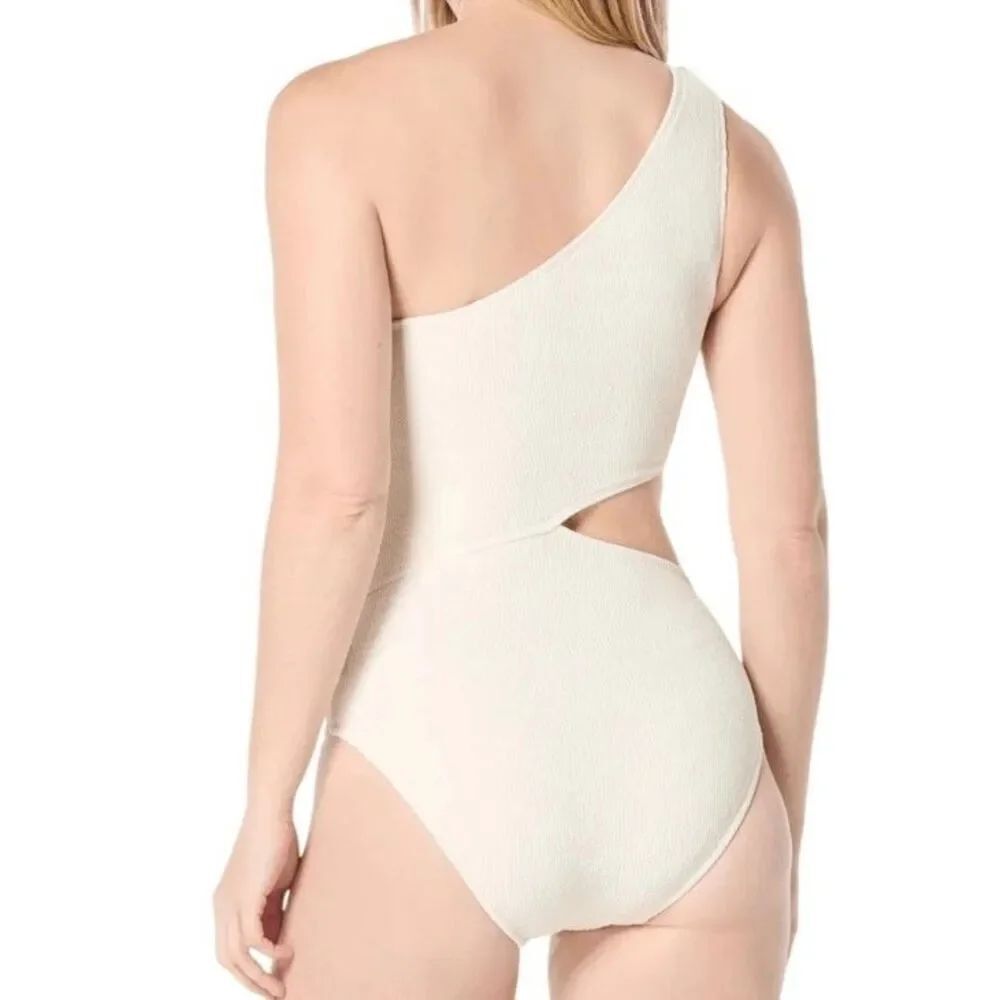 Michael Kors Ivory Bone Ribbed One Shoulder Cutout Swimsuit 12 NWT - Picture 10 of 10